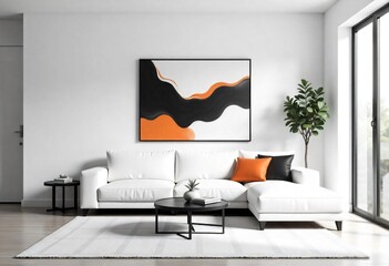 a living room with a white couch and a painting on the wall