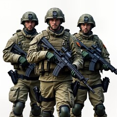 Three soldiers in military uniform stand in formation. Armed with rifles, wearing protective gear. Serious expressions, focused gazes suggest serious mission training. Ready for action, exude