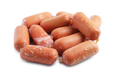 Many frozen pork sausages isolated on white