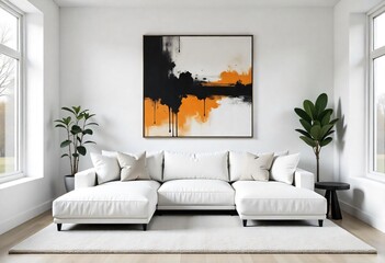 a living room with a white couch and a painting on the wall