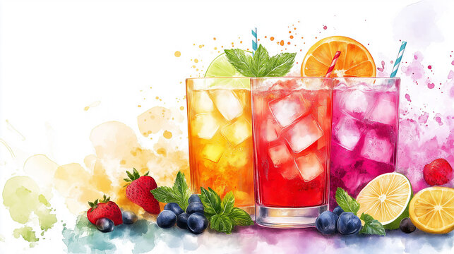 A vibrant illustration of three colorful mocktails with ice, surrounded by fresh fruits and splashes of color