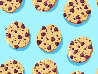 Chocolate chip cookies and oatmeal cookies arranged in a beautiful pattern, showcasing their texture, color, and detail. A delightful combination of sweet treats perfect for food photography, bakery p