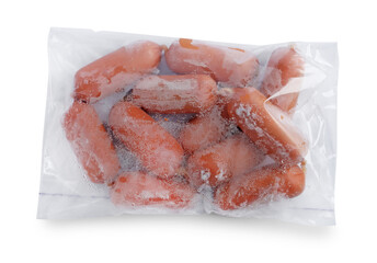 Frozen sausages in plastic bag isolated on white, top view