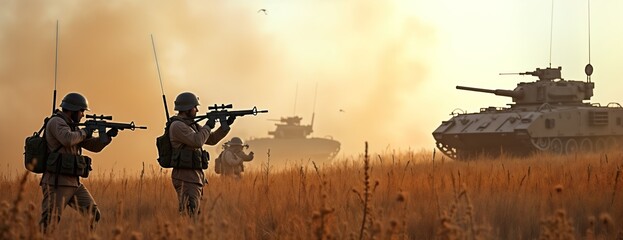 Soldiers in military uniform stand in golden field with tanks. Positioned in battlefield ready for combat. Scene suggests conflict war. Background hazy. Setting field. Time daytime. Photo great for