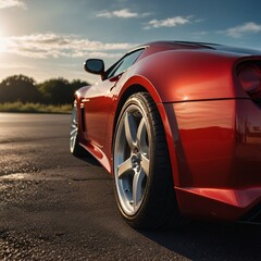 a sports car is driving down the road with clouds in the background.
