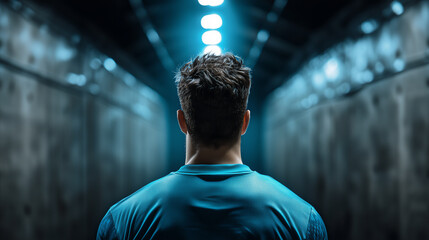 Fototapeta premium Athlete walking through a lit tunnel, back view, sports arena entrance, professional competition, anticipation, focus, sportsmanship, copy space for text