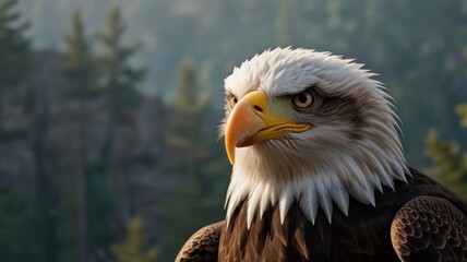 Obraz premium Majestic bald eagle portrait against a blurred mountain forest background.