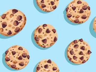 Chocolate chip cookies and oatmeal cookies arranged in a beautiful pattern, showcasing their texture, color, and detail. A delightful combination of sweet treats perfect for food photography.