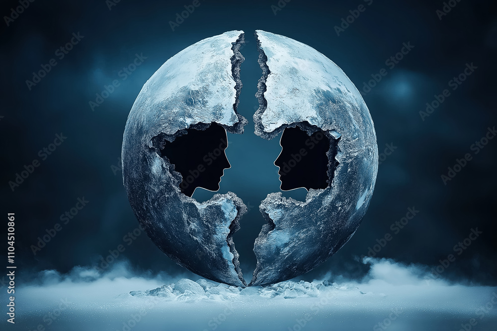 Poster a globe split into two parts reveals human forms, symbolizing connection and separation in a thought