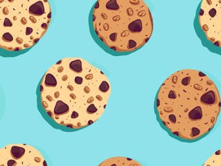 Chocolate chip cookies and oatmeal cookies arranged in a beautiful pattern, showcasing their texture, color, and detail. A delightful combination of sweet treats perfect for food photography.