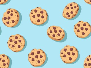 Chocolate chip cookies and oatmeal cookies arranged in a beautiful pattern, showcasing their texture, color, and detail. A delightful combination of sweet treats perfect for food photography.