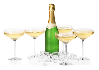 Bottle and glasses of champagne with ice cubes isolated on white