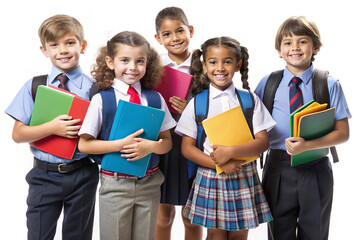 Happy diverse schoolchildren in uniform holding books against white background.