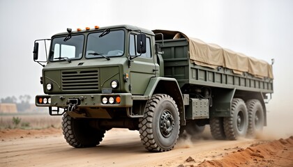 Military truck drives on sandy road. Large vehicle covered cargo bed. Heavy duty truck moves quickly. Army transportation supply. Unpaved road. Dry weather. Military logistic transport operation.