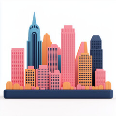 Fototapeta premium Illustration of Colorful Multicolored High-Rise Buildings, Skyscrapers, Futuristic City, 3D Icon, Digital Elements, Plasticine Style, Bright Colors, Isolated on White Background