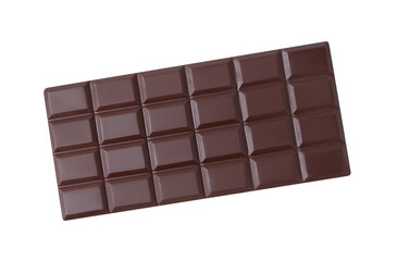 Delicious dark chocolate bar isolated on white, top view