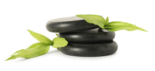 Spa stones and green leaves isolated on white