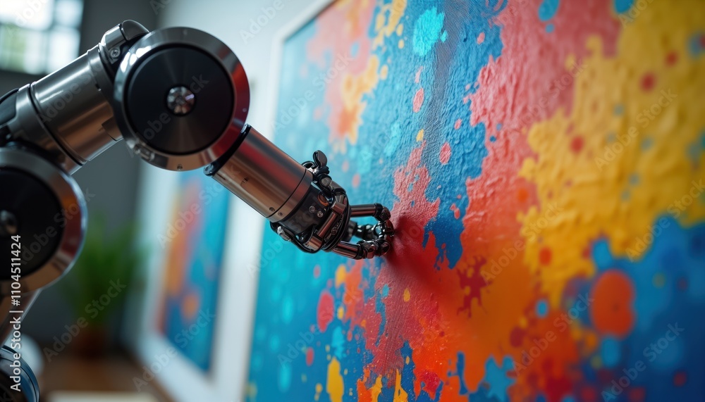 Poster robotic arm creates abstract art on canvas. ai, human creativity combine. tech, art merge. modern ar