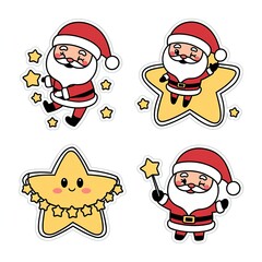Kawaii cartoon Christmas Santa Claus vector illustration pack interacting with magical golden stars in various adorable poses.