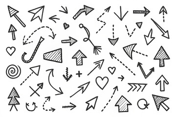 Hand-drawn arrow collection; various styles, shapes, and sizes.