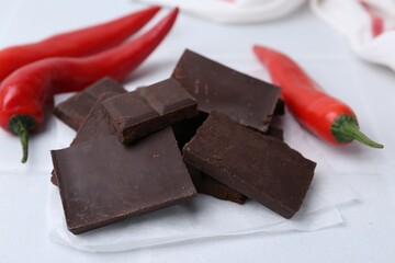 Pieces of chocolate with chili peppers on white table, closeup
