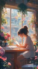Anime girl writing a love letter, sunlight filtering through the window, cozy room filled with flowers, delicate details