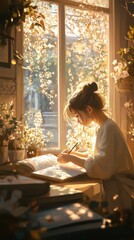 Anime girl writing a love letter, sunlight filtering through the window, cozy room filled with flowers, delicate details
