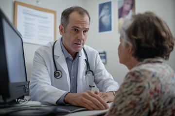 Fototapeta premium Mature doctor consults elderly patient in clinic. Doctor, senior woman conversation. Medical consultation in hospital setting. Pro consultation. Focused care in healthcare environment. Serious