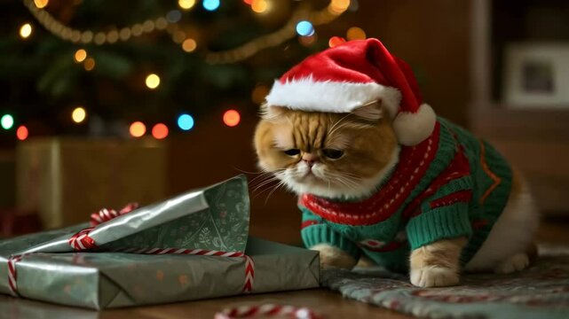 Funny, cute Christmas cat in Santa hat and festive sweater looking into open gift box with sad emotion. Ribbons, wrapping paper, holiday decor. Cat disappointed. Concept of upset holiday, wrong gift