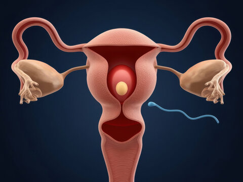 Vista interior del aparato reproductor femenino con un &oacute;vulo y espermatozoide