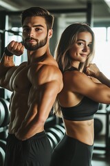Naklejka premium Pair of fitness enthusiasts posing by exercise racks in a gym