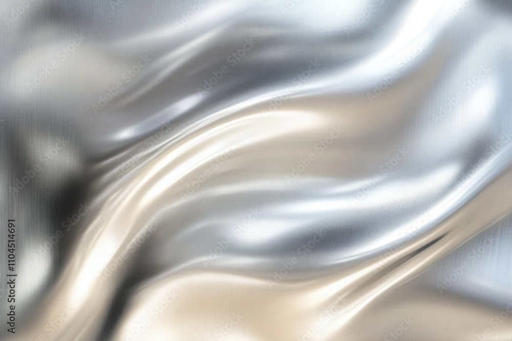 Poster a smooth, reflective silver metal background with soft distortions and subtle wave-like patterns.