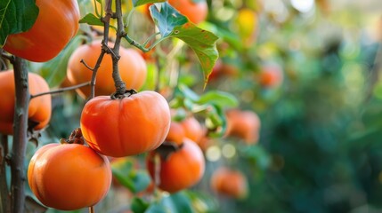 Ripe, Juicy Persimmon Fruit Hanging on Trees in Garden