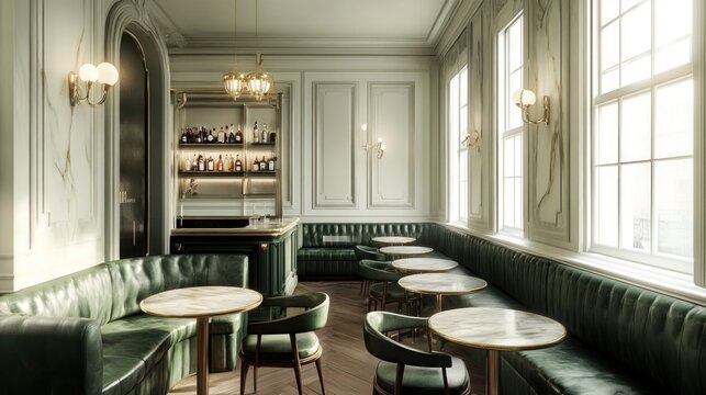 Elegant green leather banquette seating in a sophisticated bar with marble-top tables and large windows.
