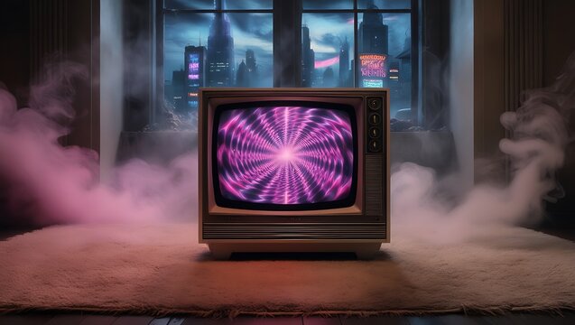 1980s Vintage TV Set with Psychedelic Screen and Dystopian Cityscape, Generetive AI