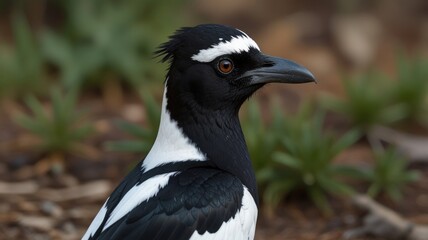 Close-up profile of a pied crow, showing its distinctive black and white plumage, sharp beak, and bright orange eye.