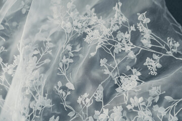 Intricate lace fabric texture, delicate floral patterns in soft white threads, detailed and airy
