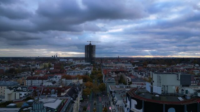Berlin cloudy skyline over Shopping Street. Magic aerial view flight drone