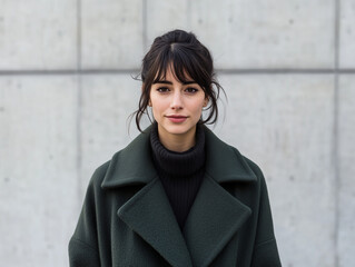 
a candic portrait of a fashionable woman in her late 20s posing outside of modern art museum in a...