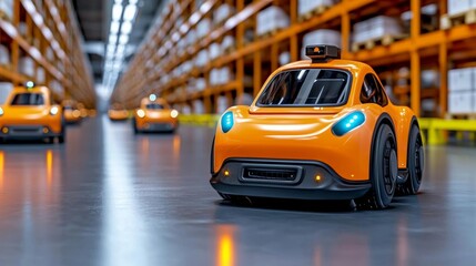 a photostock of a sleek modern warehouse with rows of robotic vehicles, automation style 2025