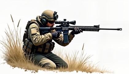 Fototapeta premium Military soldier aims rifle in field. Camo uniform. Focus on shooting position. Tactical equipment visible. Sniper stance. Desert environment. Natural setting. Serious posture. Prepared for action.