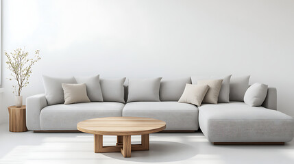 Fototapeta premium A white couch with pillows and a wooden coffee table