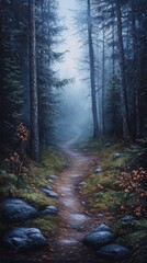 Obraz premium Foggy path winding through a moody forest in autumn