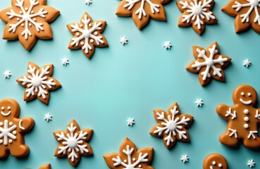Fototapeta premium Gingerbread cookies with snowflakes on blue background. Festive treats for winter holidays. Sweet, delicious winter cookies. Delicious Christmas cookies. Christmas cookies pattern. Christmas sweets.