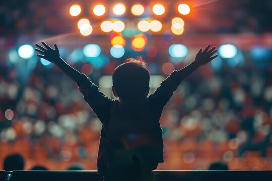 Vibrant concert scene with young child cheering in the center, surrounded by colorful lights from the stage, packed big stadium filled with energetic crowd during night basketball game sports event.