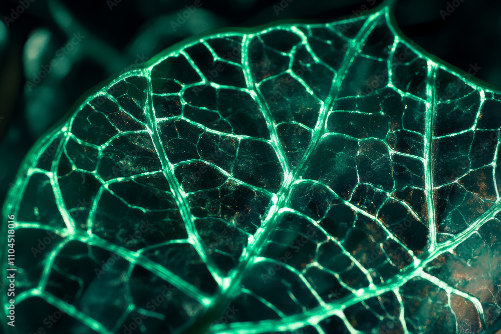 Poster macro shot of leaf veins texture, vibrant green with intricate patterns and light passing through, h