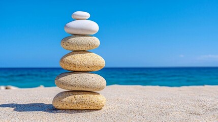 Fototapeta premium a photostock of a single white pebble balanced on a stack of smooth stones, zen aesthetic 2025