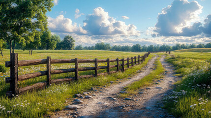 A wooden farm fence lined with wildflowers on a dirt pathway under a sunny sky, surrounded by green fields and trees