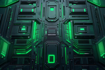 Fototapeta premium A futuristic metal panel with glowing green accents and sharp geometric designs, perfect for sci-fi themes.