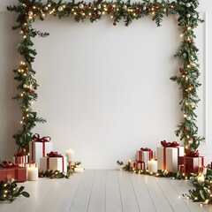 An empty digital backdrop for photography with a white wall, Christmas garland on the sides and at the top of the frame, lights, candles, and presents on the floor